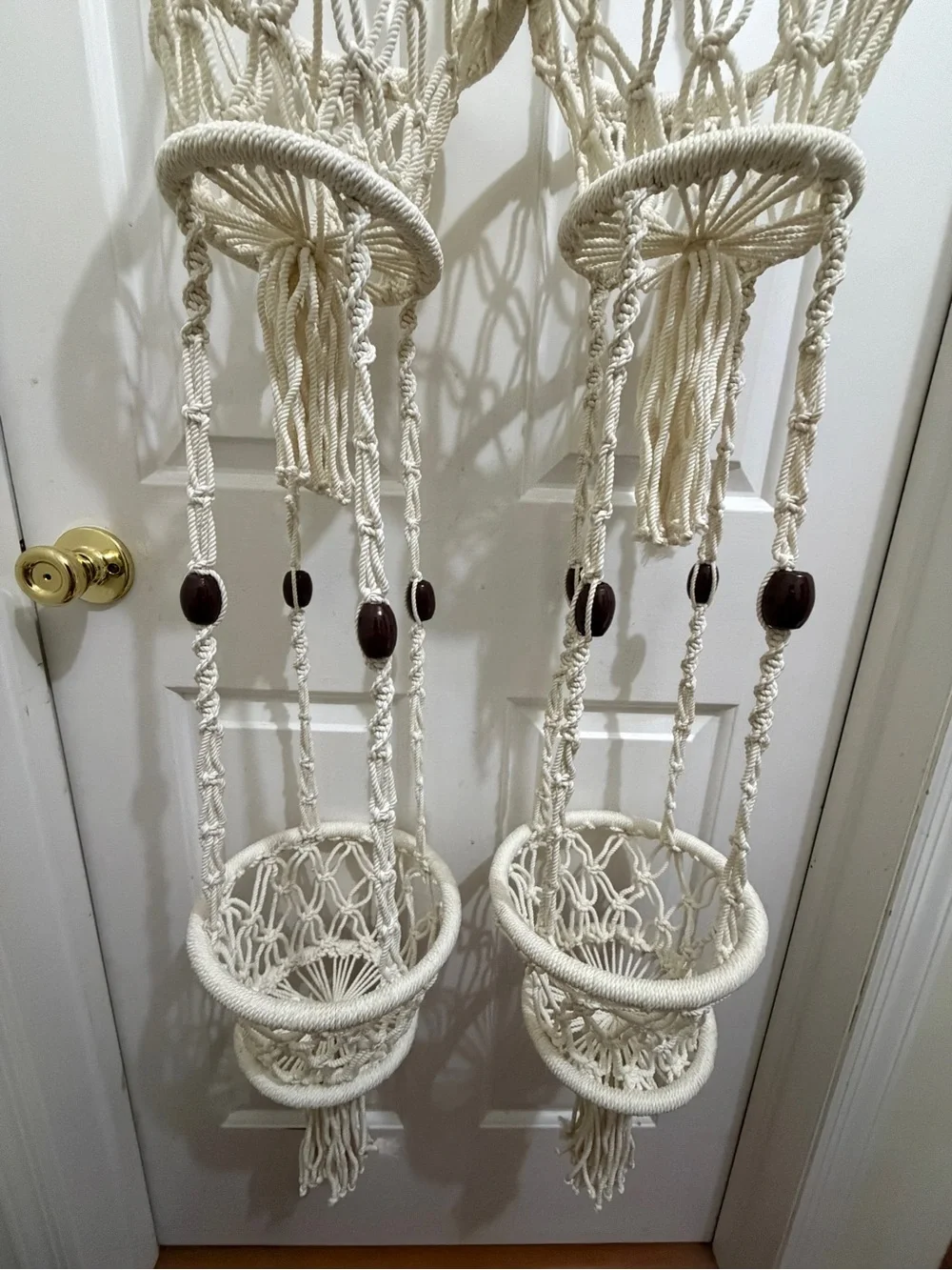 2 Vtg Macramé Hanging Planters 2 tier Pot Holders Cream Rope/Wood Beads, Tassels